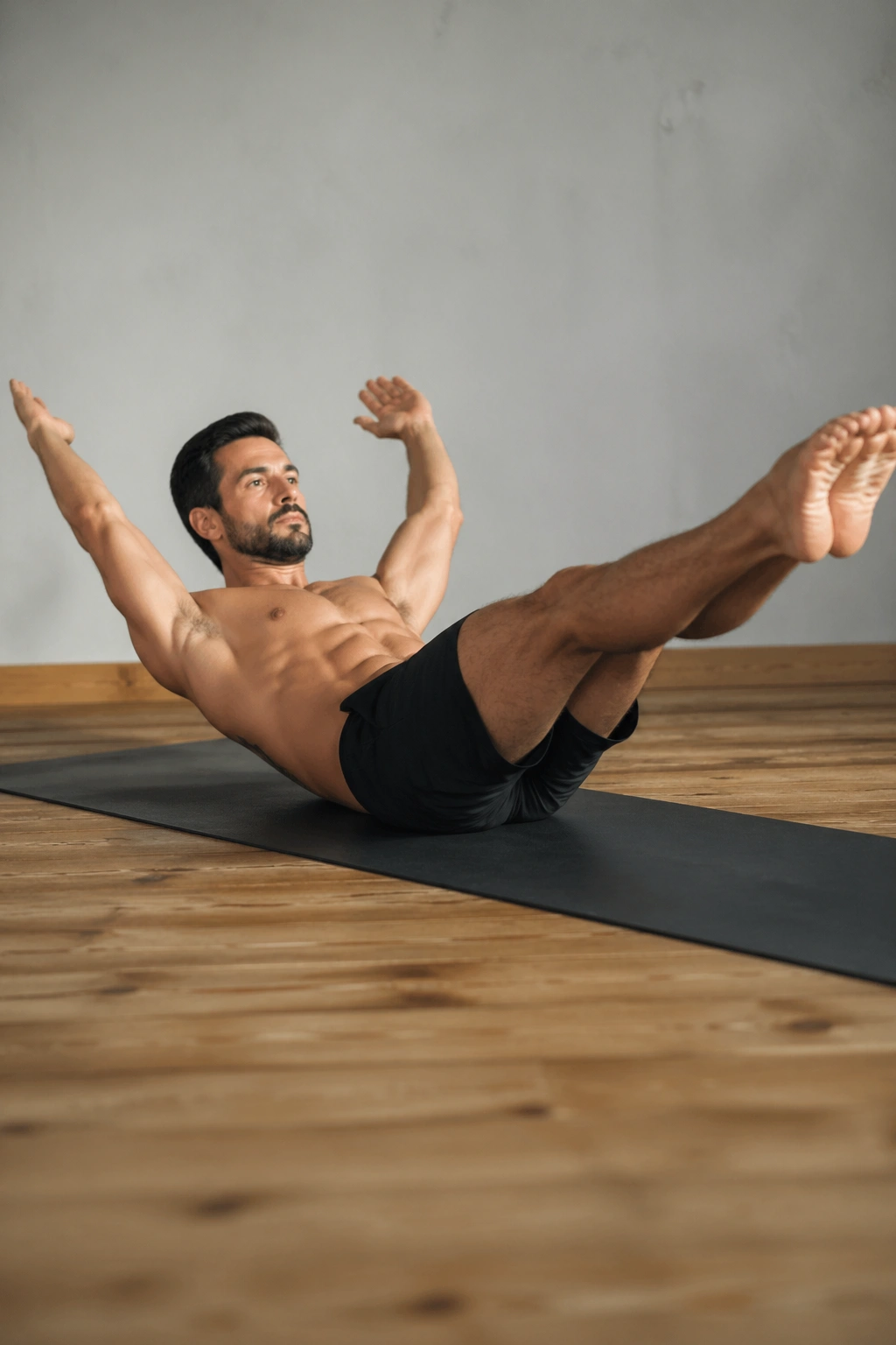 Male torso performing Double-Leg Stretch with controlled spine on Pilates mat