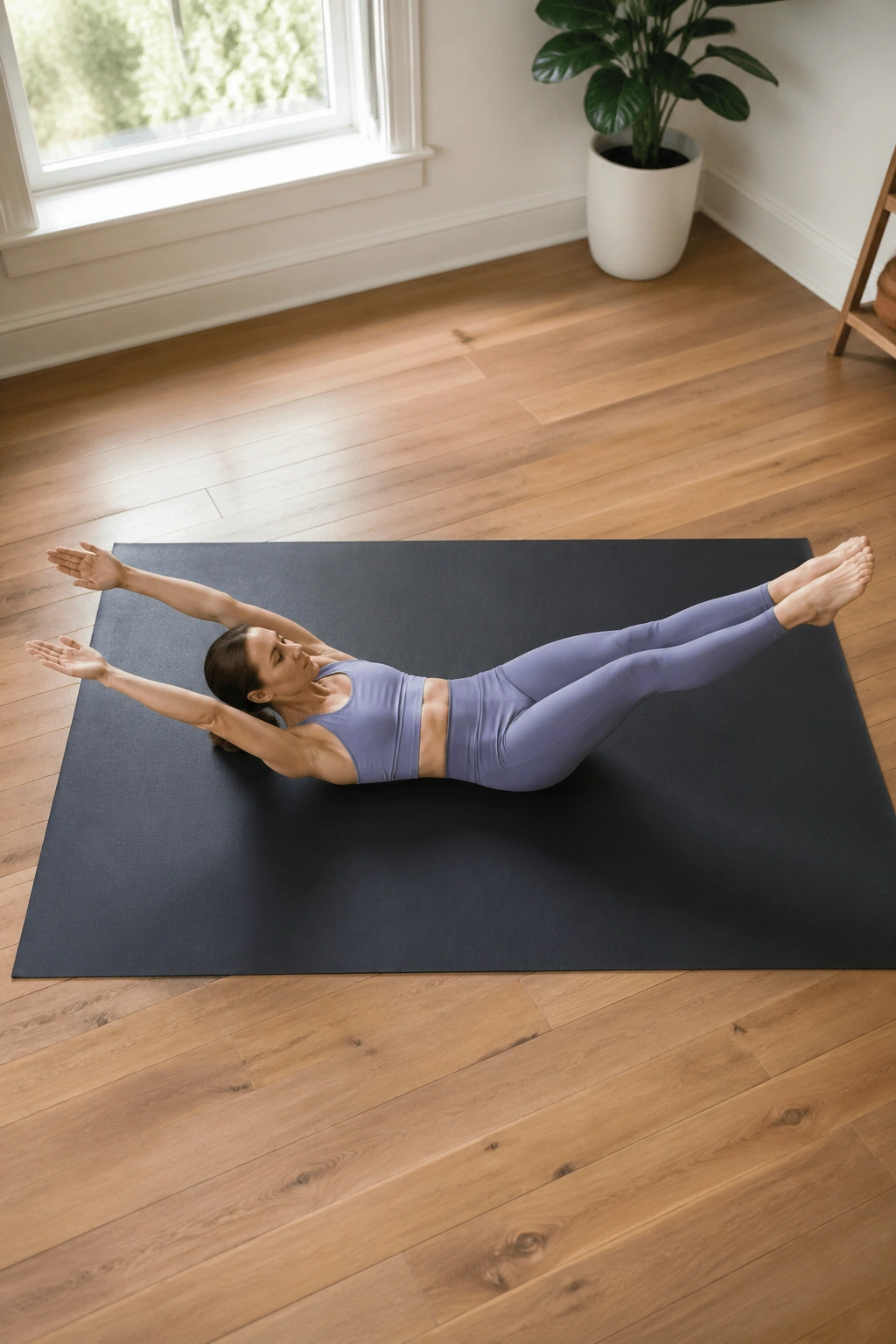 Real person performing Double Leg Stretch with arms overhead and legs away