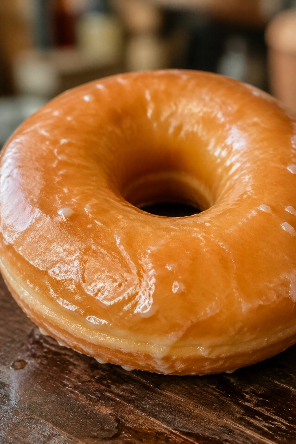 Close-up of a glazed doughnut on a wooden surface