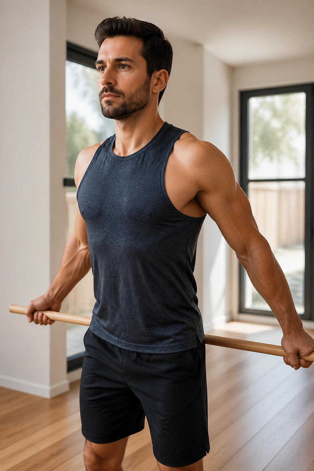 Close-up of a person performing dowel pass-throughs overhead in a bright home gym