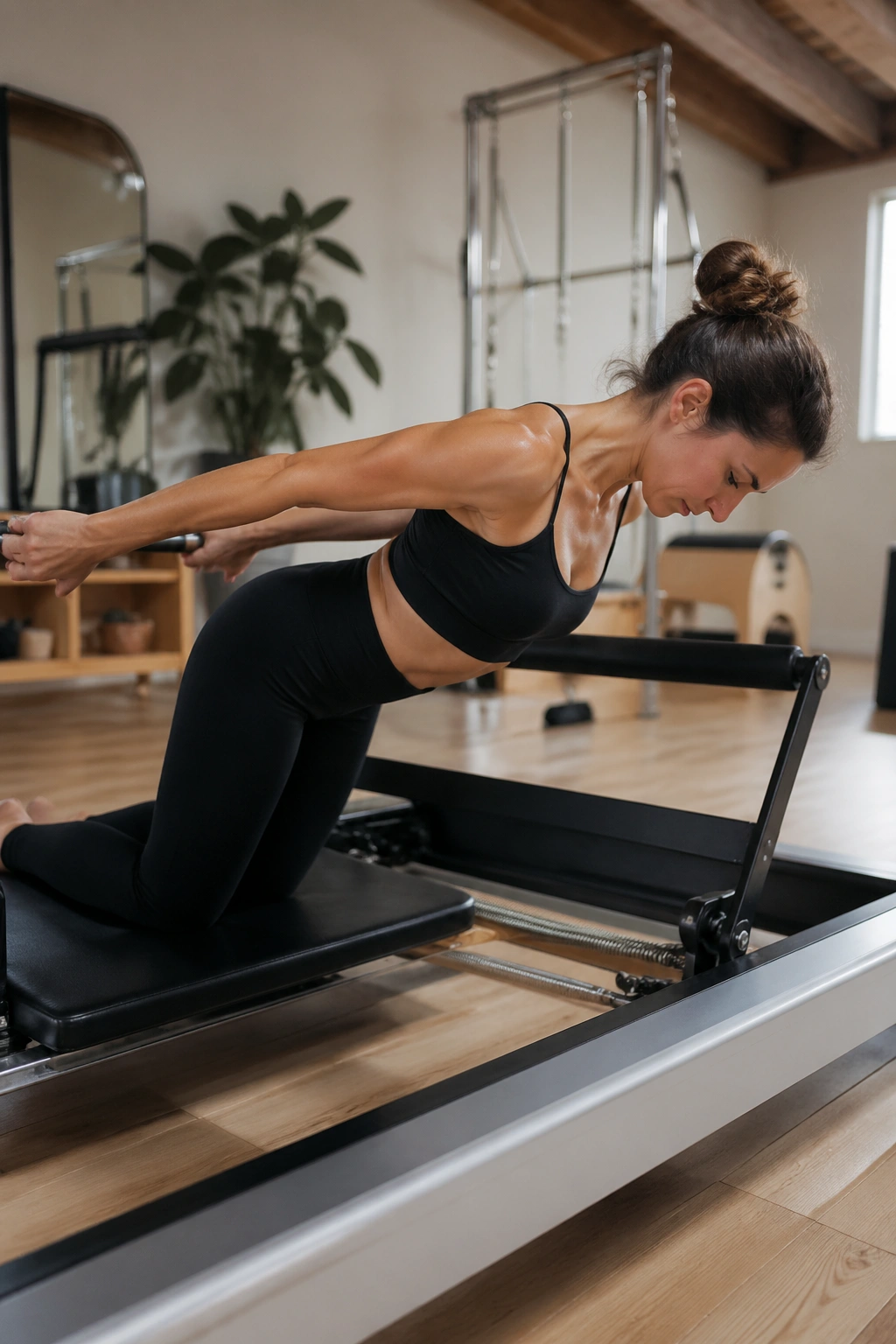 Close-up of down stretch on reformer highlighting front-body length