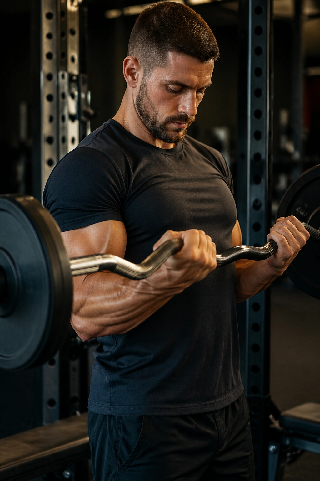 Arms performing drag curls with EZ-bar close to torso in gym
