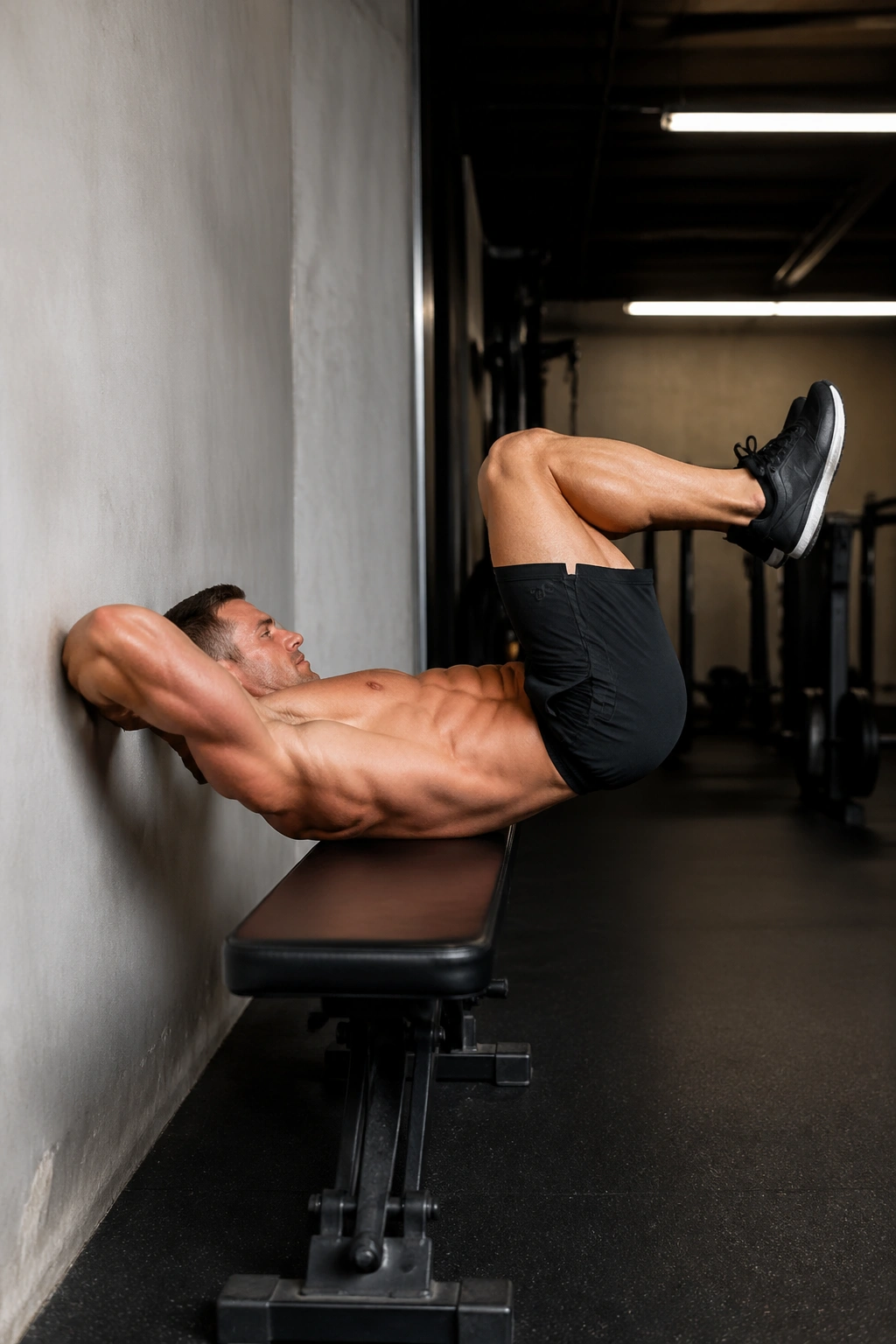 Real person on a bench performing dragon flag progression with tucked knees
