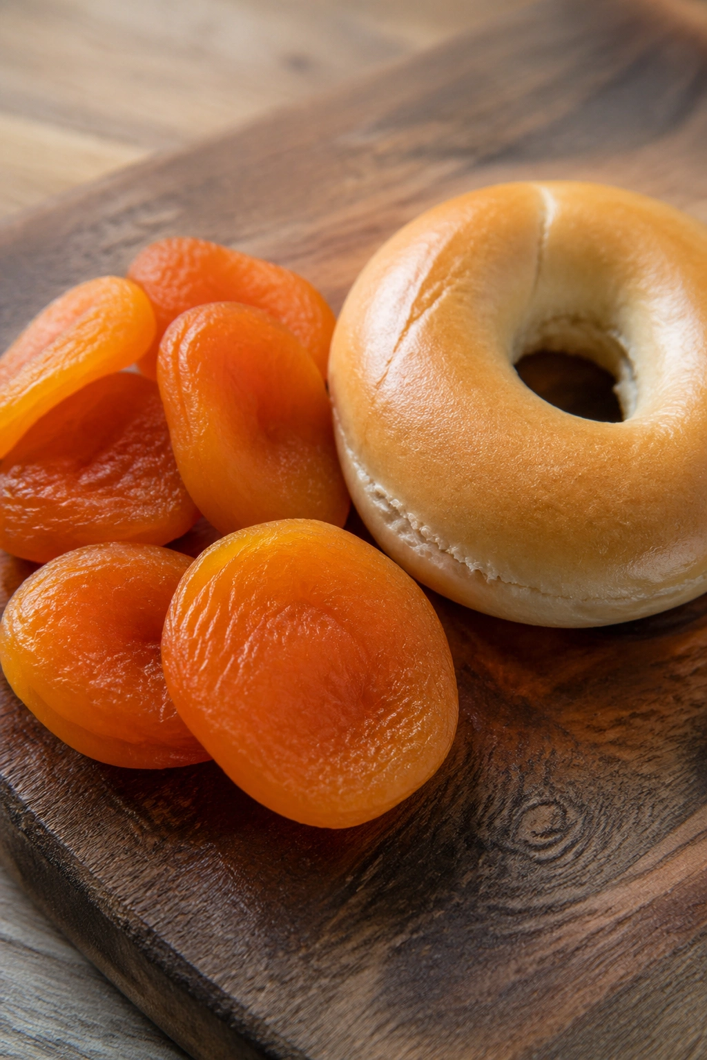 Close-up of dried apricots and a mini plain bagel on a rustic board