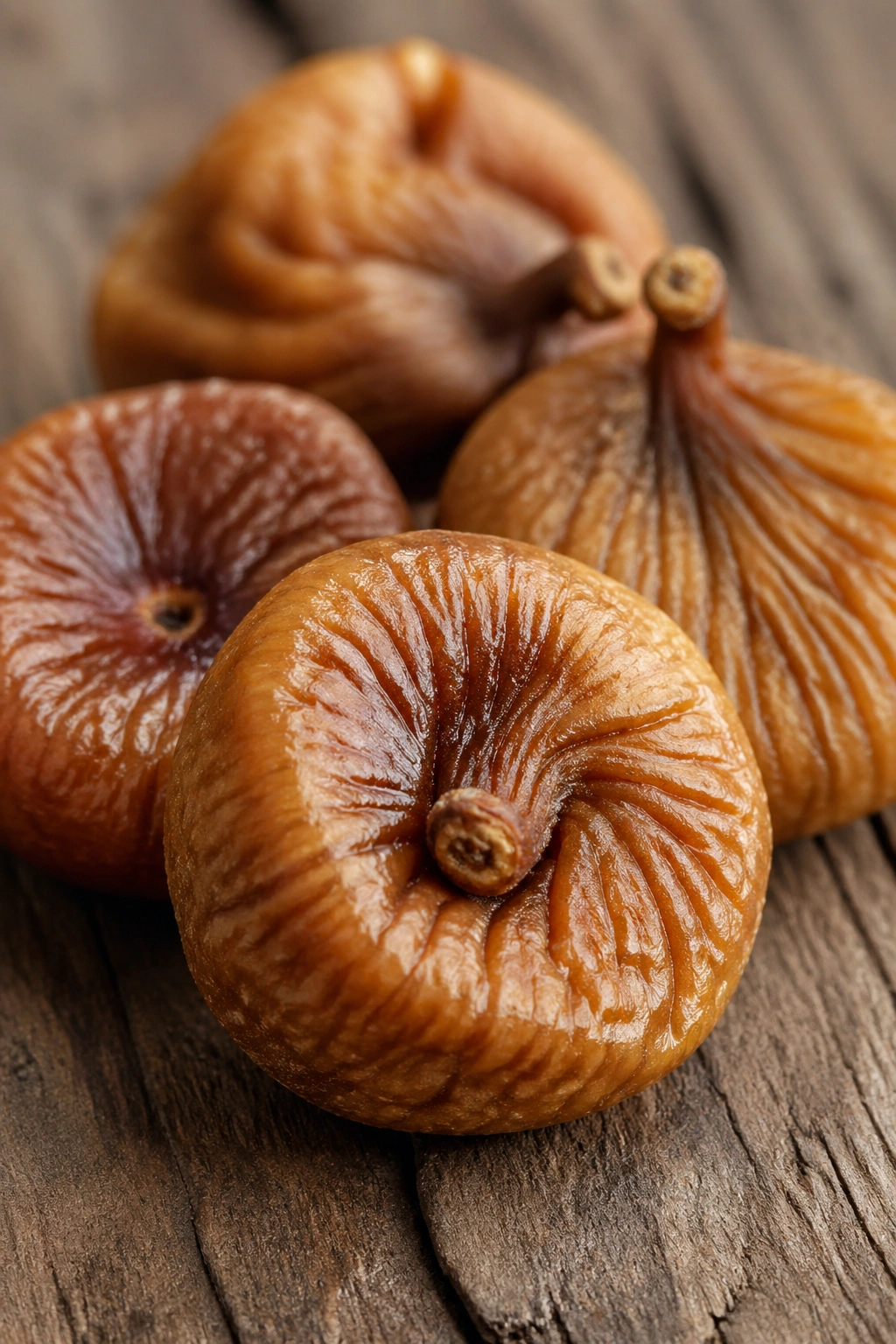 Close-up of dried figs on a wooden surface