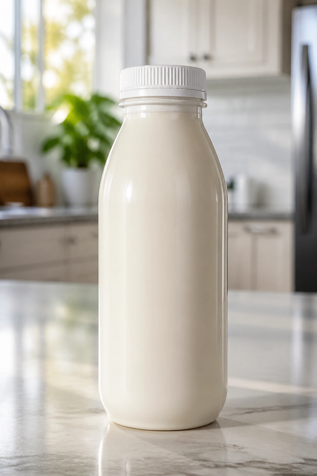 Close-up of a blank-label drinkable yogurt bottle on a kitchen counter