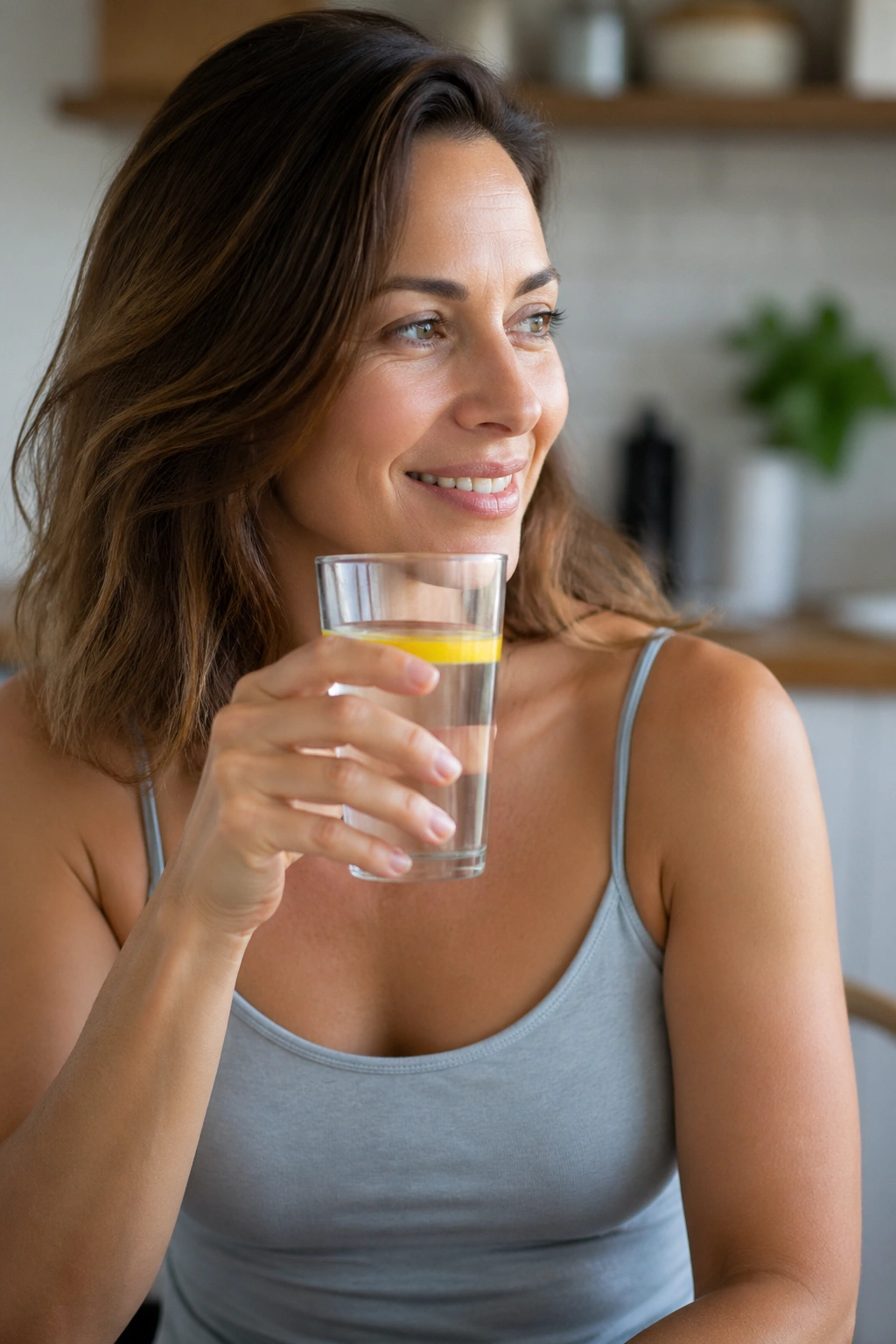 Woman holding a glass of water with lemon in a kitchen