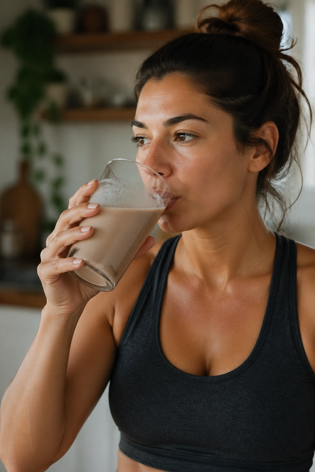 Portrait of a woman holding a beverage, hinting at hidden calories from drinks.