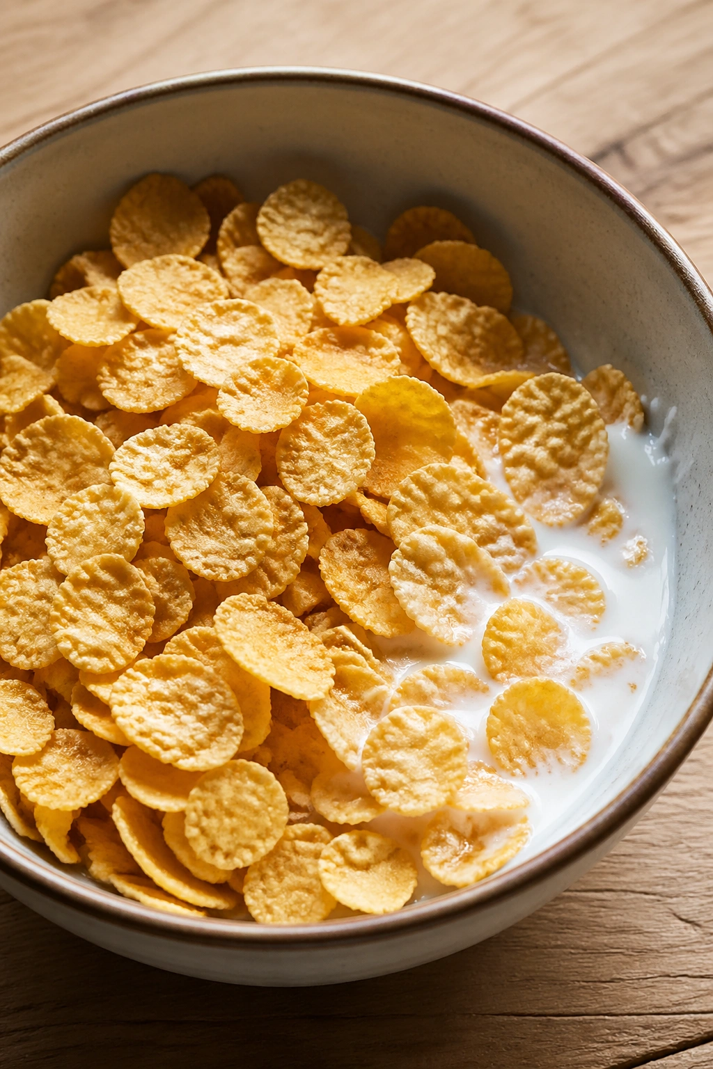 Dry cereal with a splash of milk in a bowl in daylight