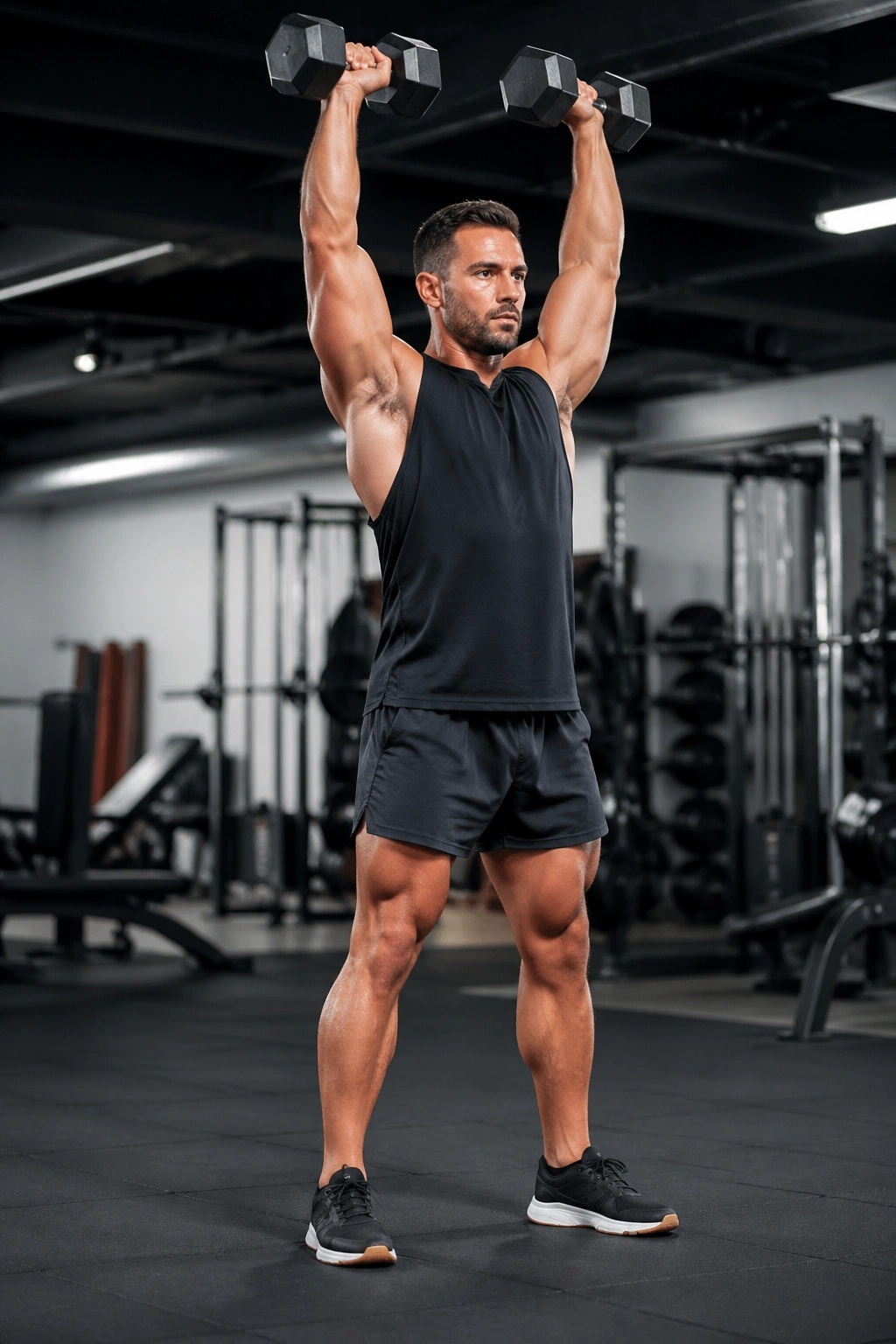 Athlete performing a continuous dumbbell complex in a gym