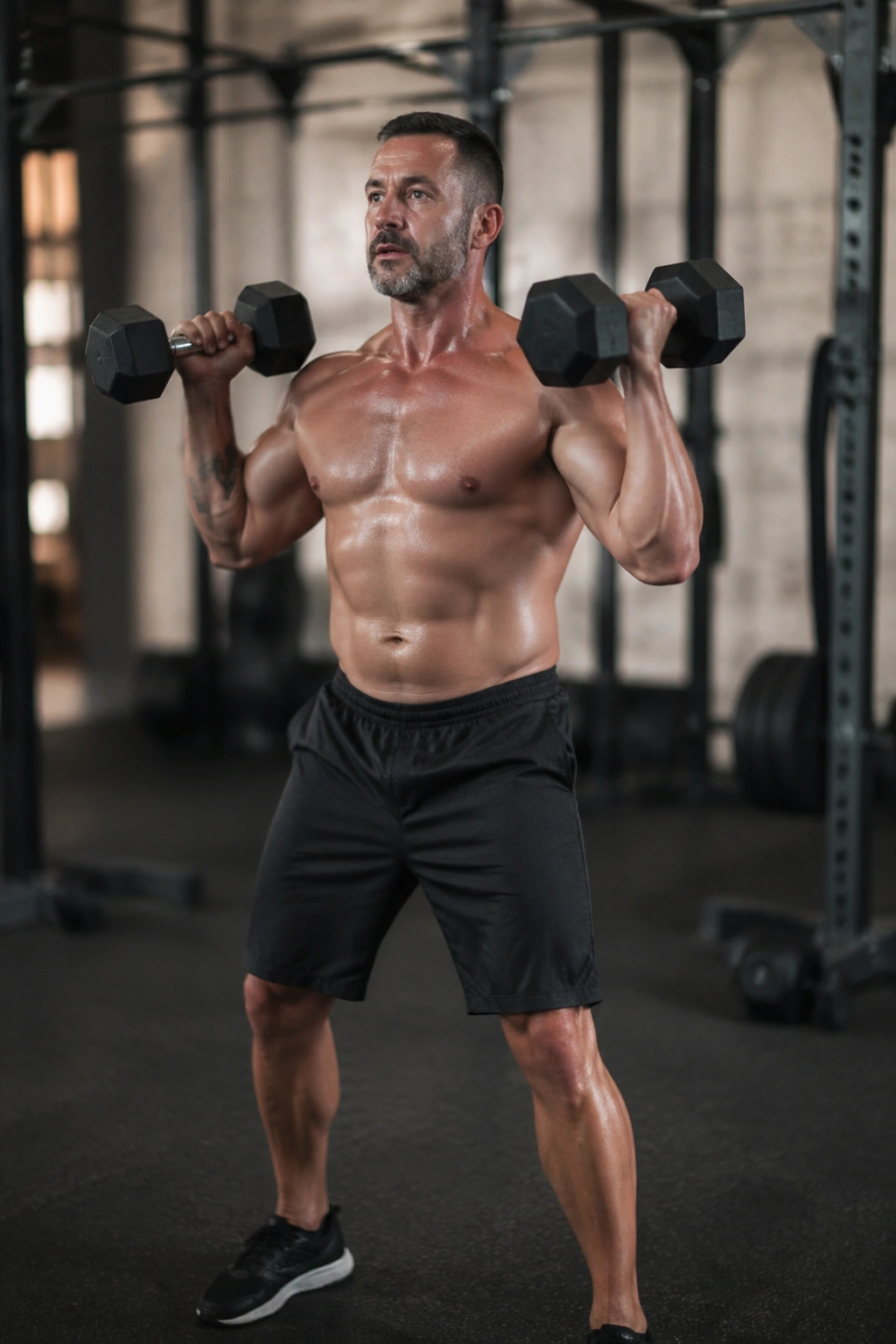 Athlete performing a dumbbell complex in gym with two dumbbells