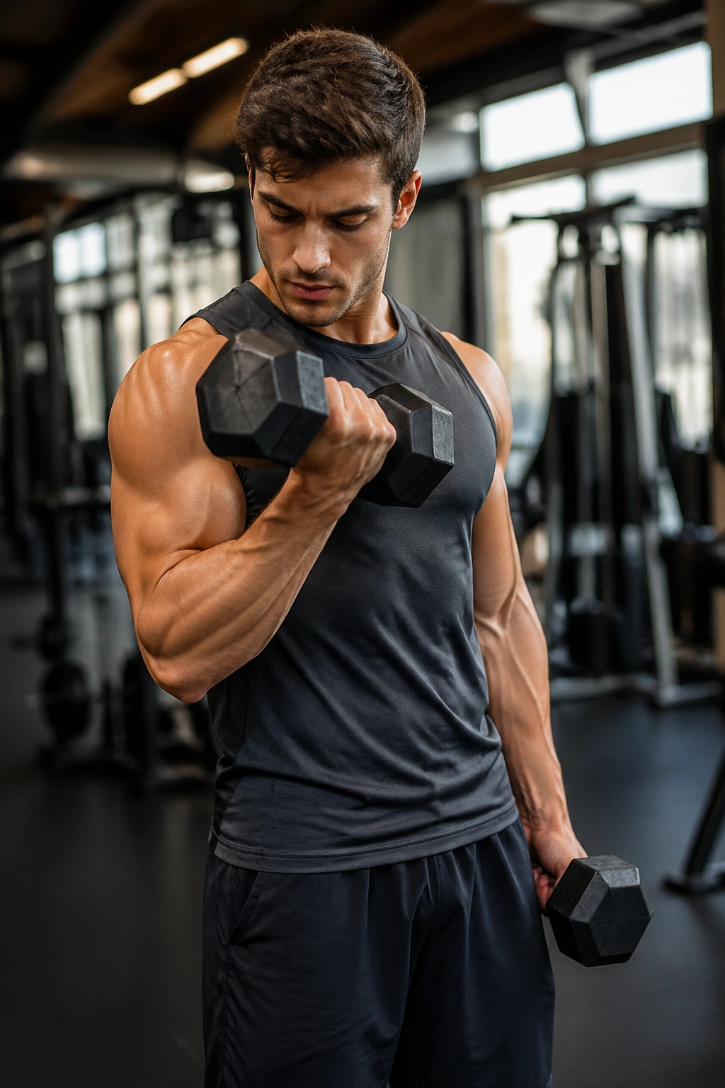 Portrait of a person performing alternating dumbbell curls in a gym, arms moving in sync