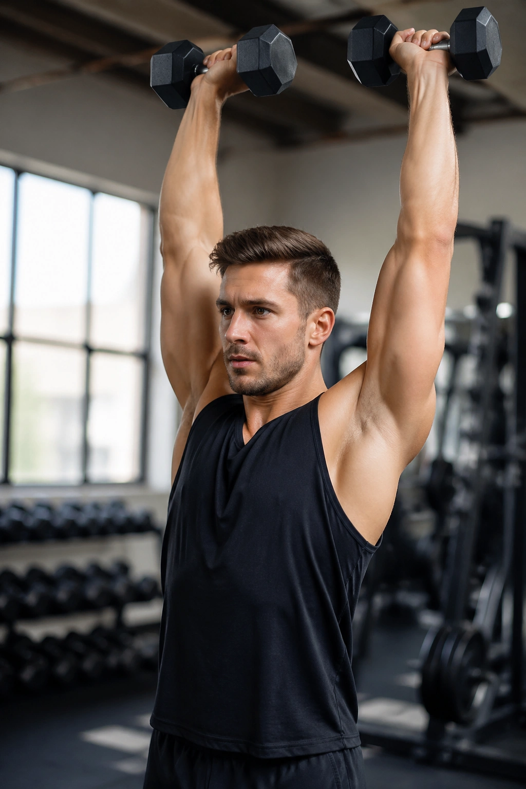 Medium close-up of a real person performing dumbbell curl-to-press in a gym