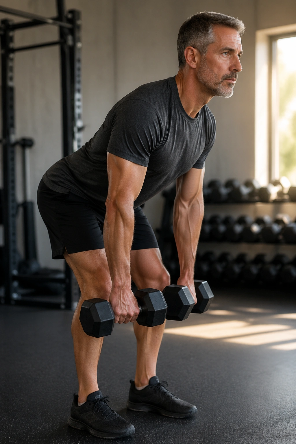 Close-up side view of a person performing dumbbell Romanian deadlifts in a gym