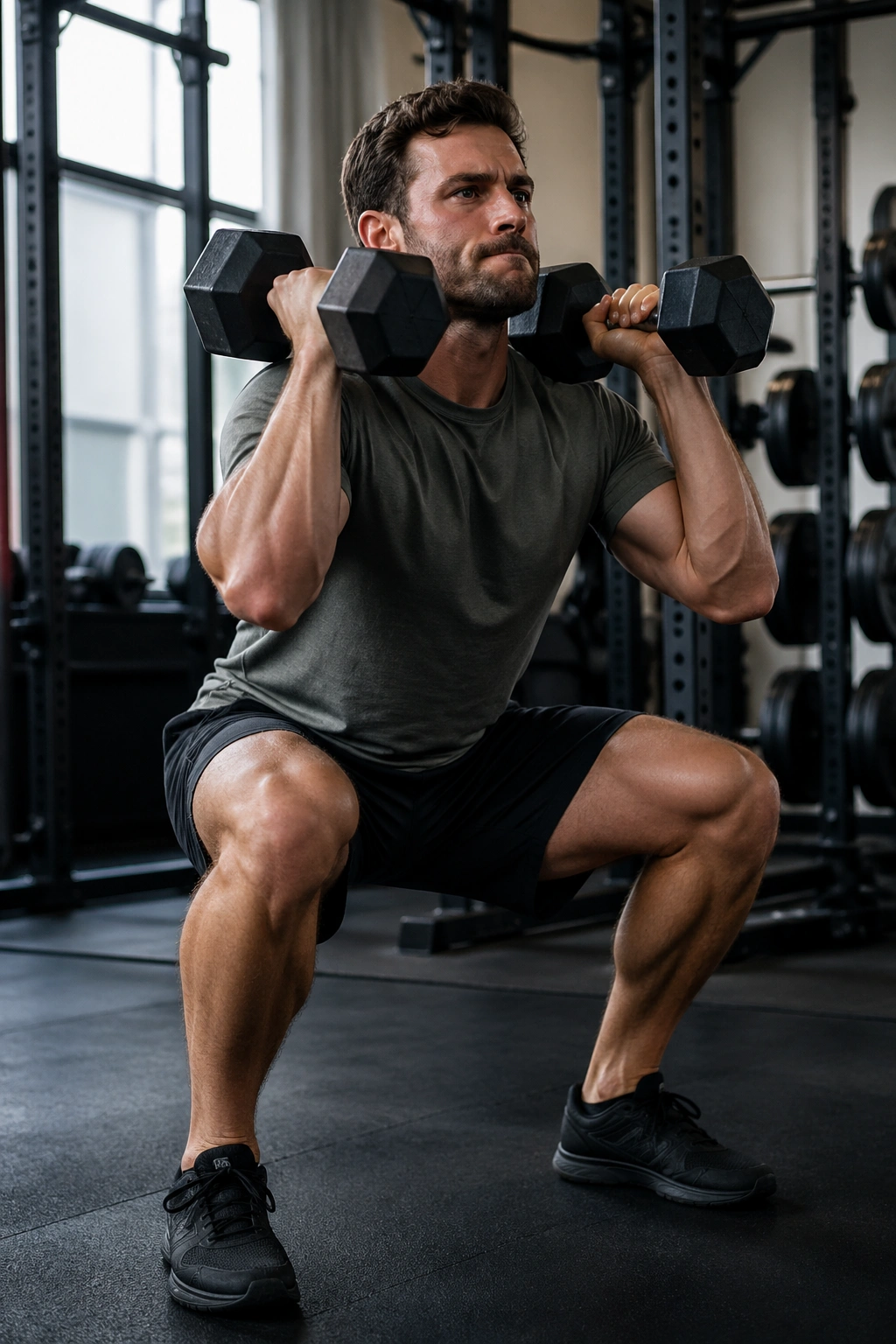 Person performing dumbbell squat in gym for density workout