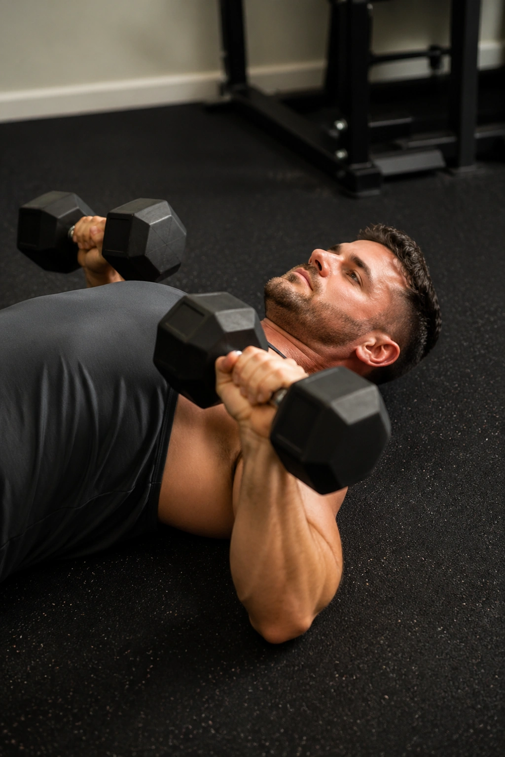 Close-up of a real person performing dumbbell floor press on the gym floor