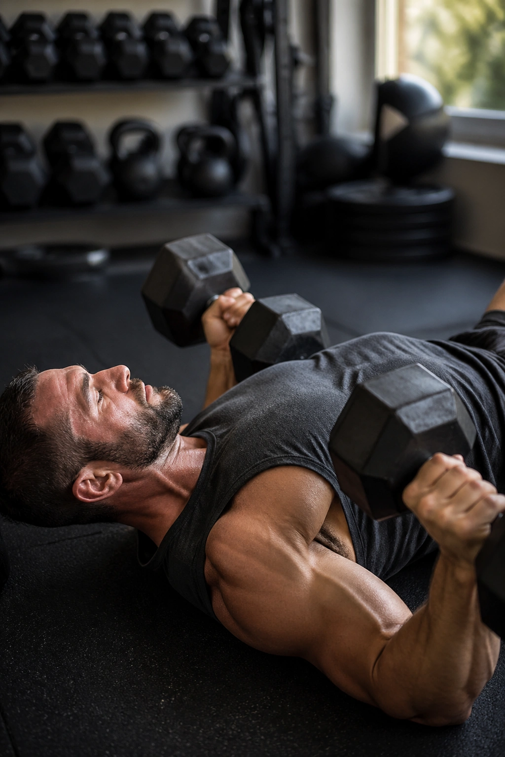 Lifter performing dumbbell floor press in home gym