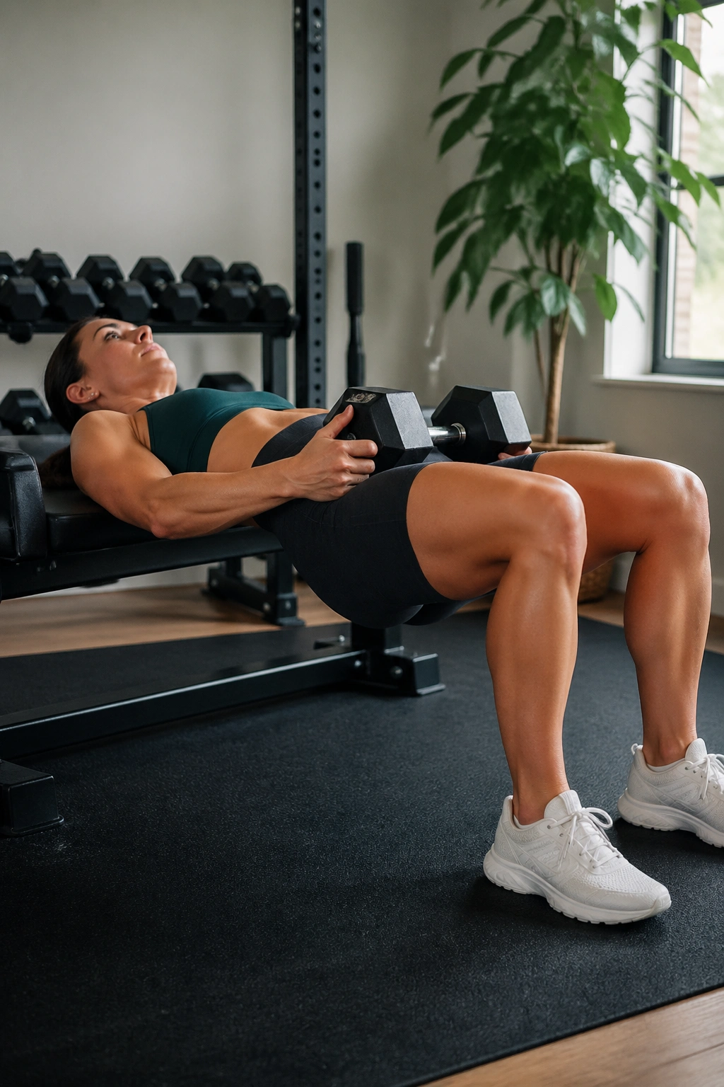 Mid-torso close-up of a person performing a dumbbell hip thrust on a bench in a home gym