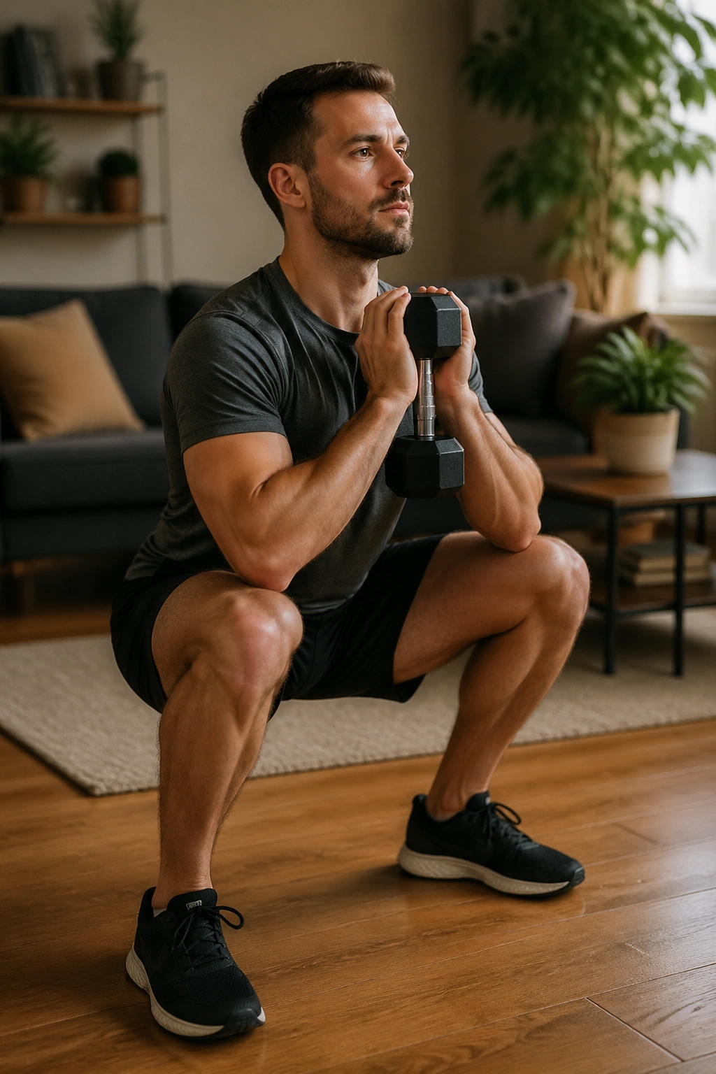 Person performing goblet squat with dumbbell at home in living room.