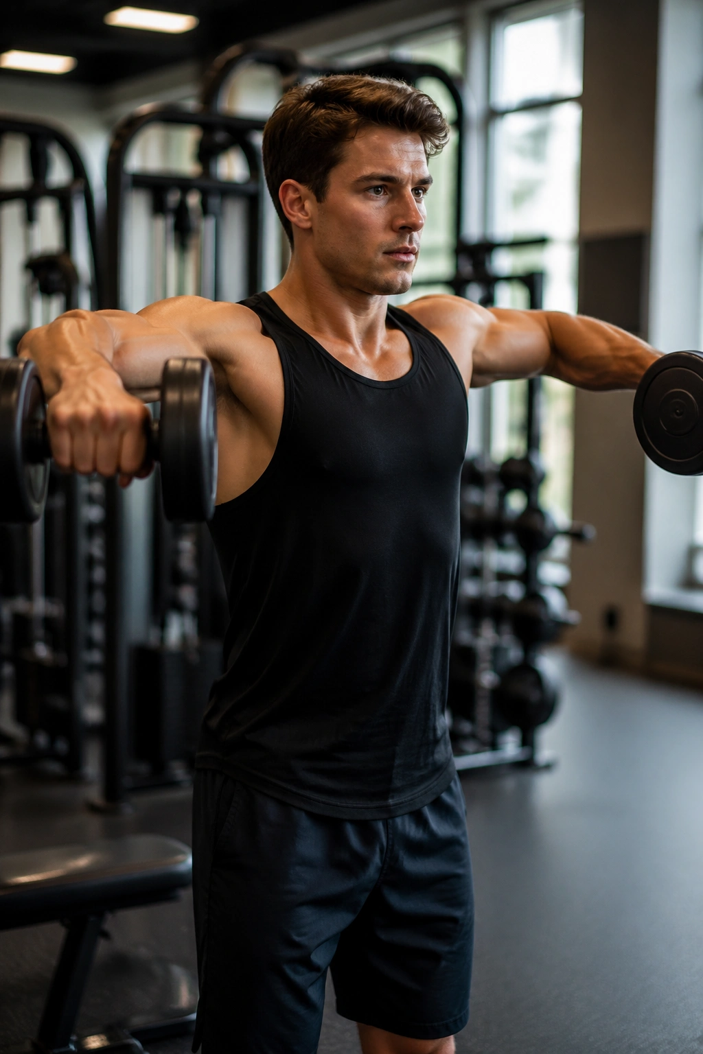 Three-quarter view real person performing dumbbell lateral raise in gym