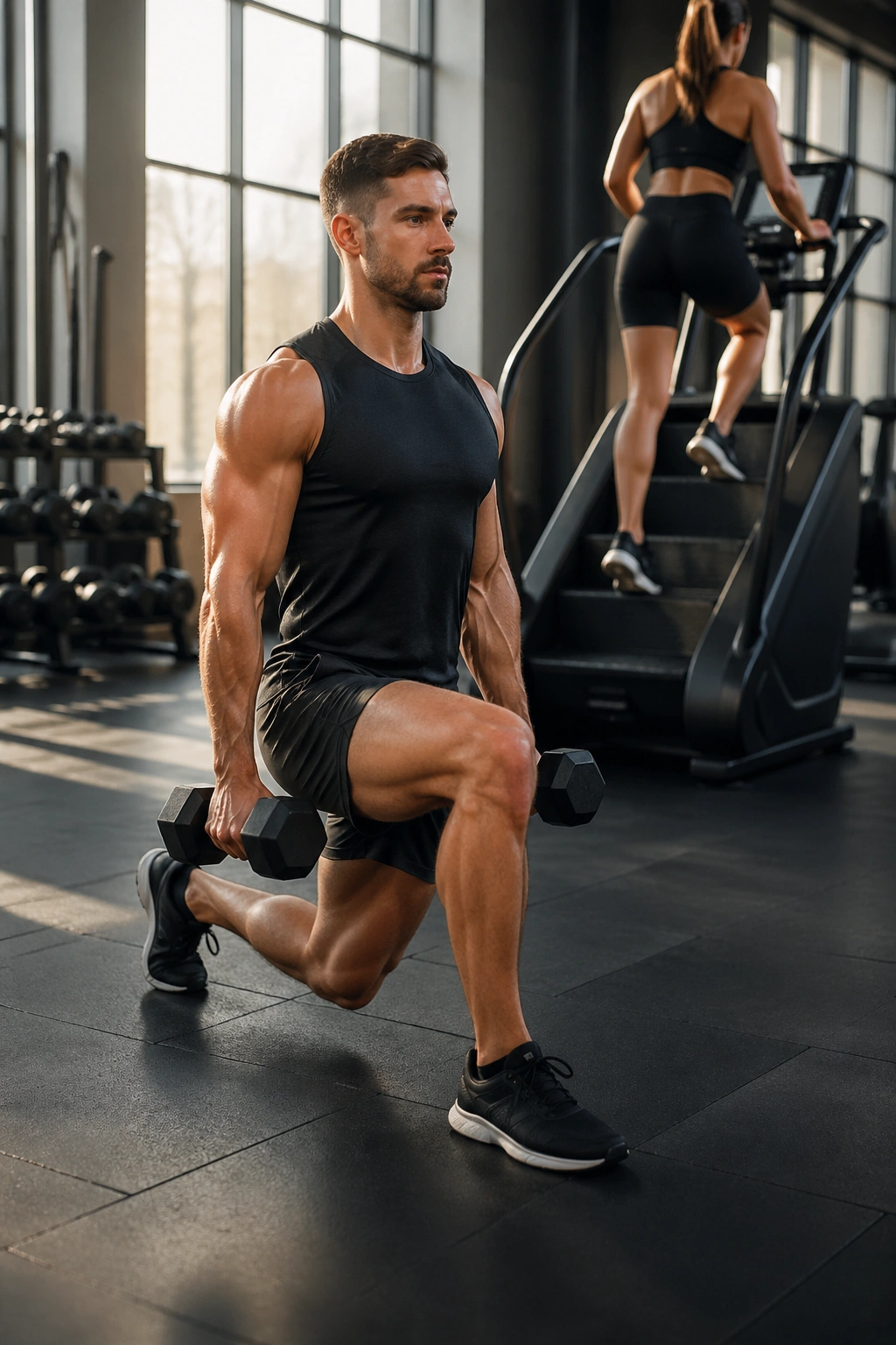 Lifter in mid-lunge with dumbbells approaching StepMill in gym