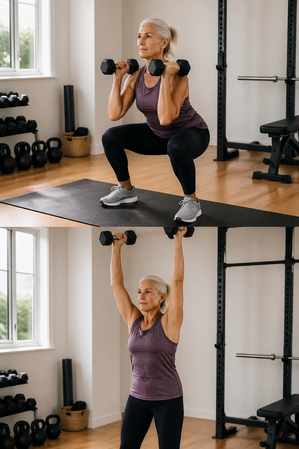 Real woman performing mini squat to overhead press with dumbbells