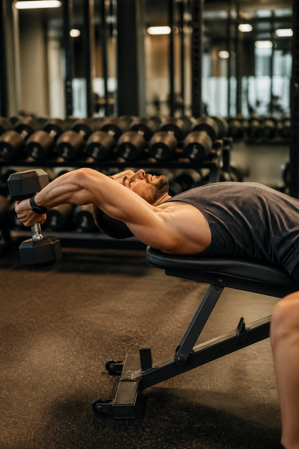 Close-up of dumbbell pullover on a bench showing lat stretch