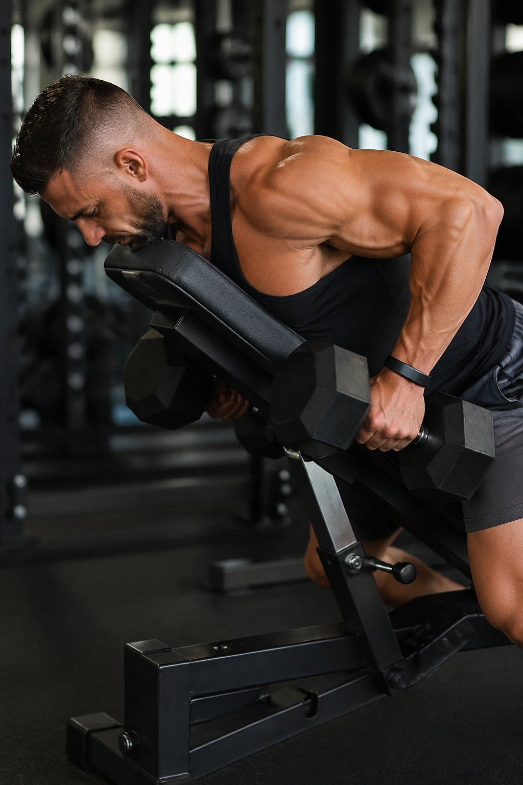 Close-up of a person performing a chest-supported dumbbell row on an incline bench in a gym