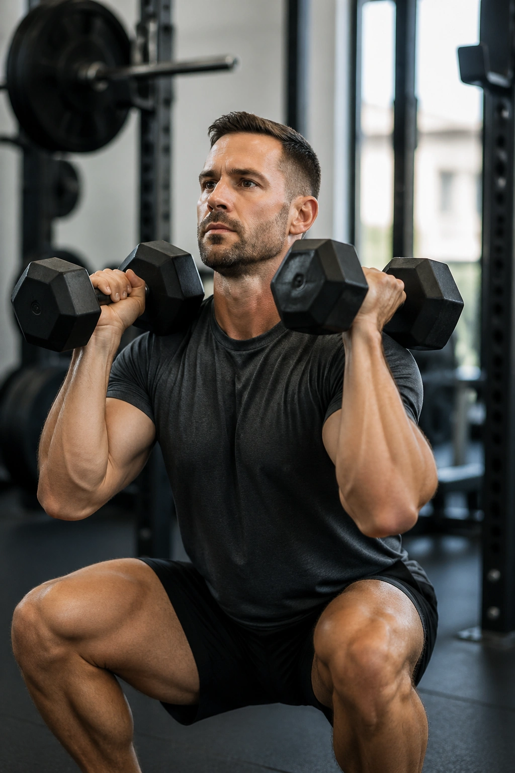 Close-up of a fit person performing a dumbbell squat-to-press in a gym