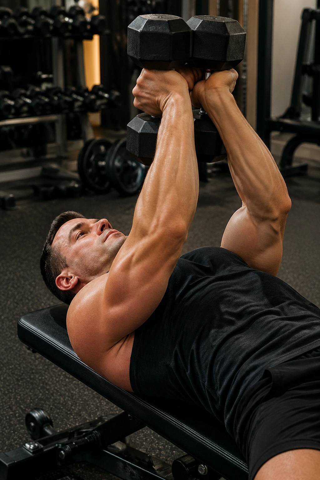 Close-up of athlete performing dumbbell squeeze press with dumbbells touching