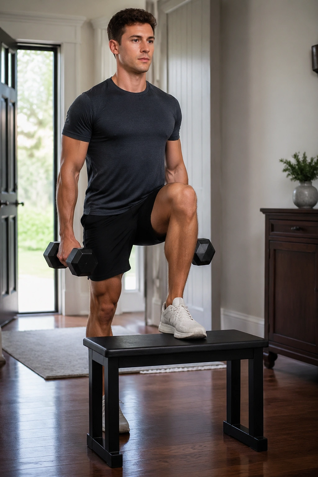 Medium close-up of a person performing a dumbbell step-up onto a low bench at home