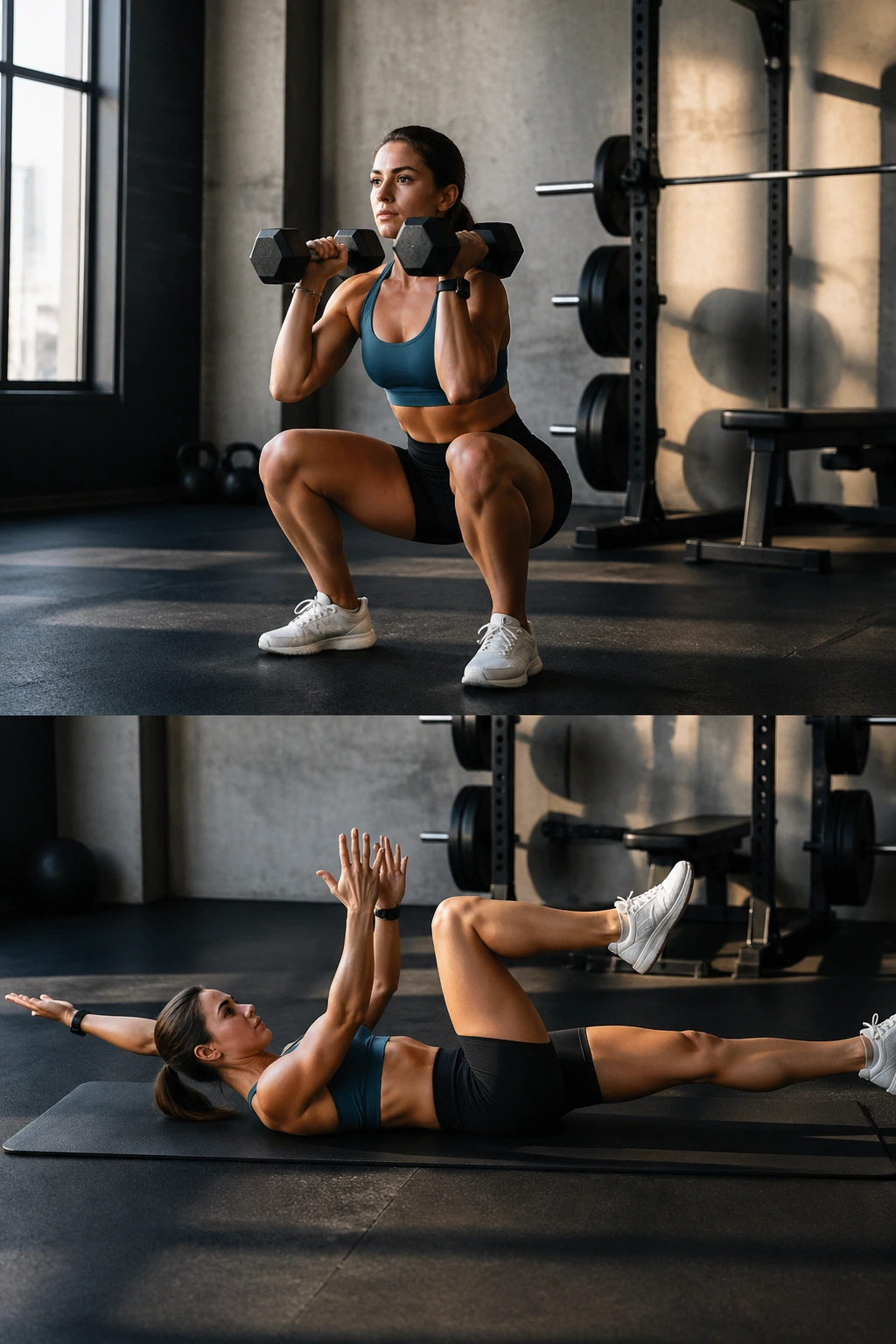 Person performing a dumbbell thruster with overhead press in gym