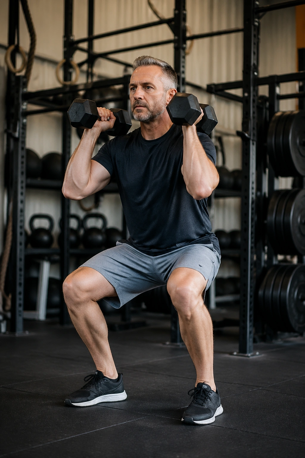 Person performing dumbbell thrusters in a gym
