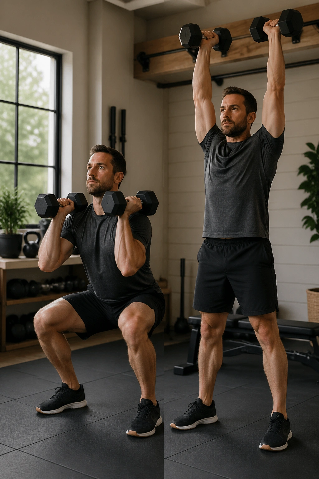 Person performing dumbbell thrusters in a home gym