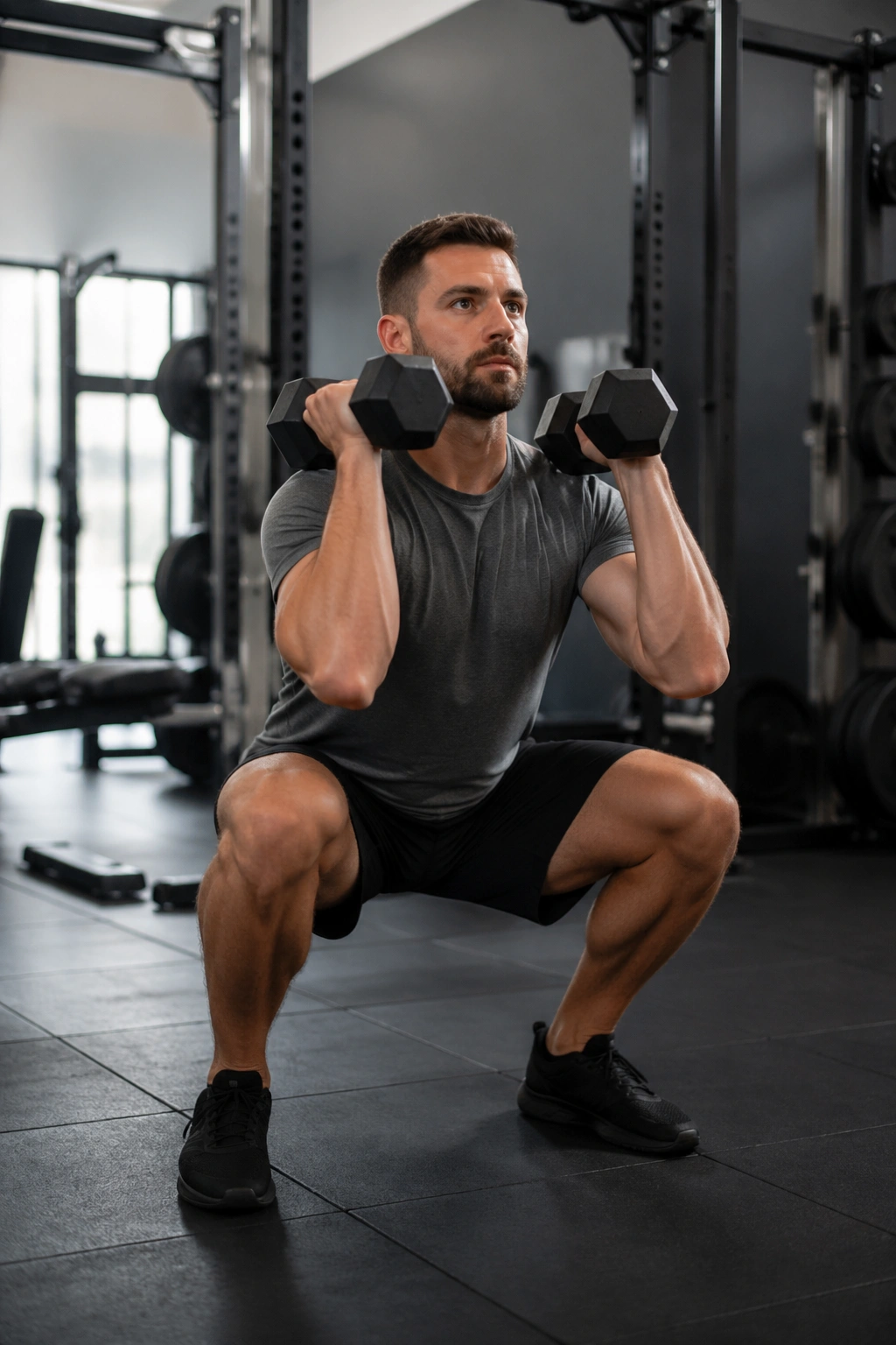Person performing dumbbell thrusters in gym