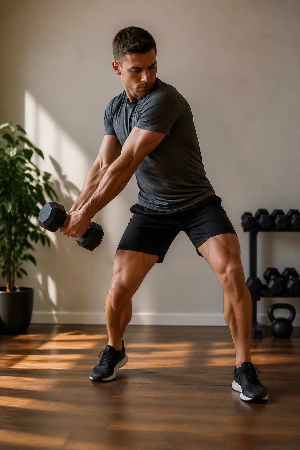 Side-angle woodchop with dumbbell and torso twist