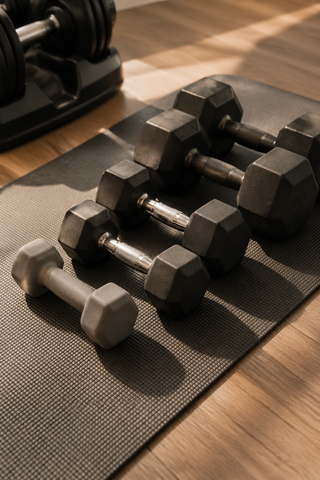 Close-up of dumbbells with no visible labels on a mat