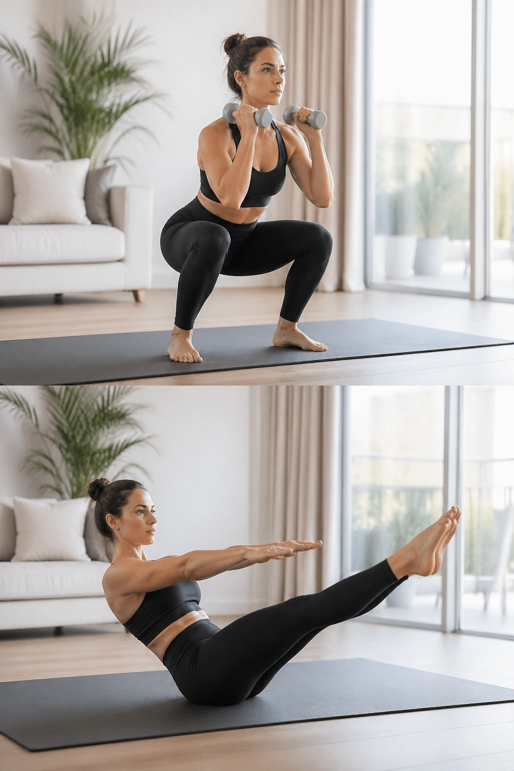 Full-body shot of a person performing slow squats with light dumbbells and teaser prep