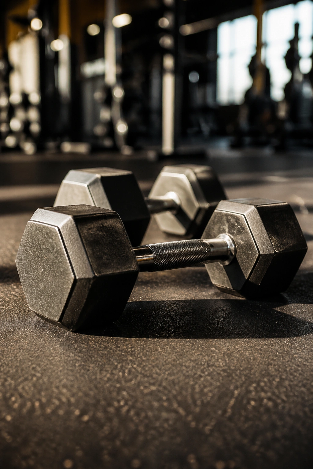 Close-up of dumbbells on a gym floor with blurred background