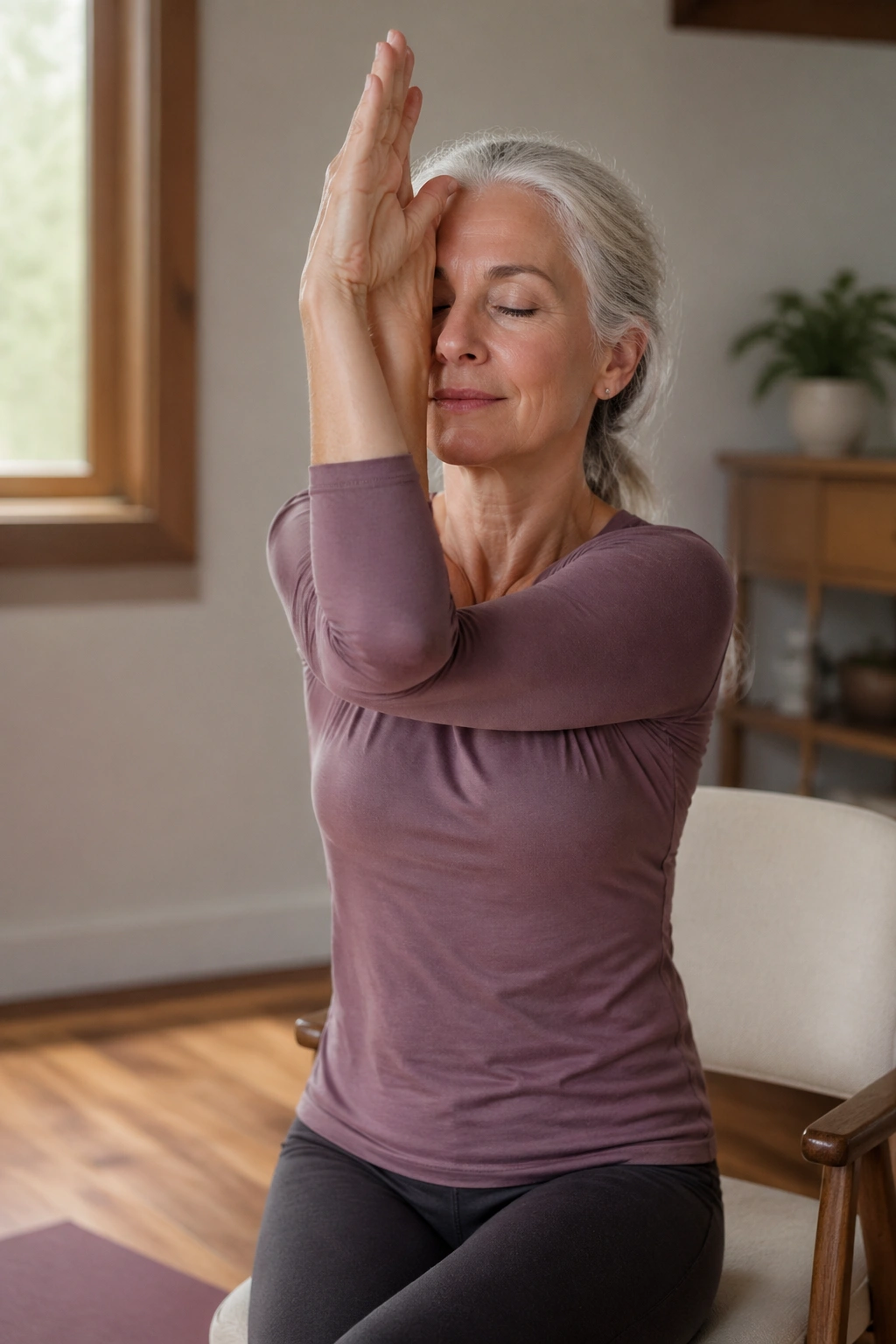 Close-up of a person performing Eagle Arms Shoulder Stretch with crossed arms