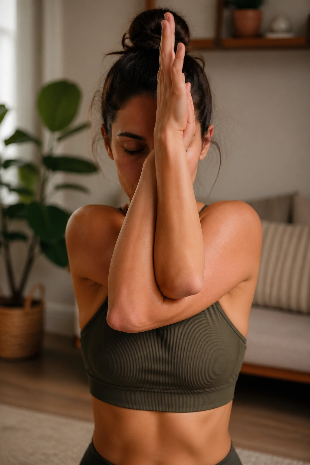 Real person with Eagle Arms, arms crossed and elbows lifted across the chest.