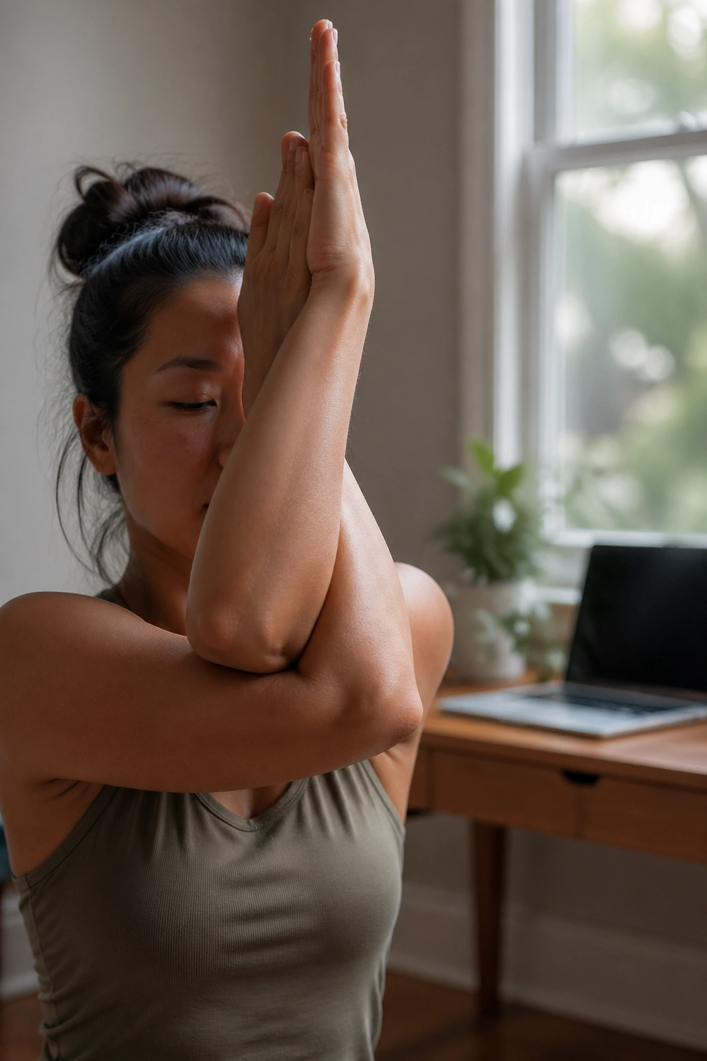 Close-up of a real person performing Eagle Arms, arms crossed and elbows lifted to release shoulder tension.