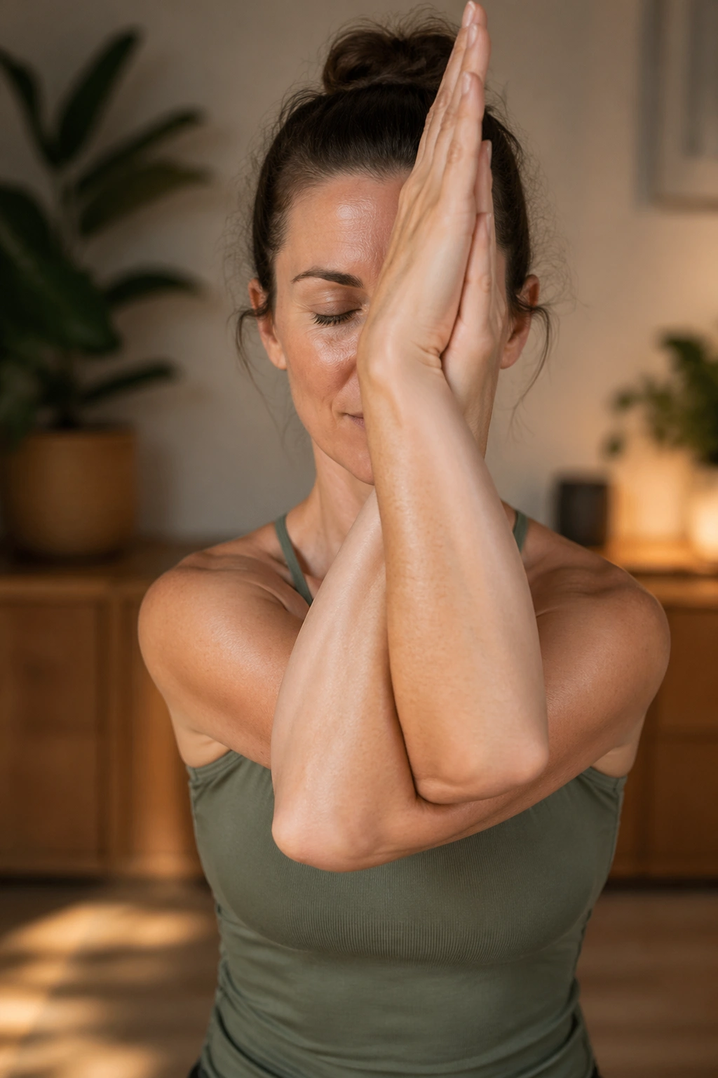 Close-up of a person in Eagle Arms position showing crossed arms at chest