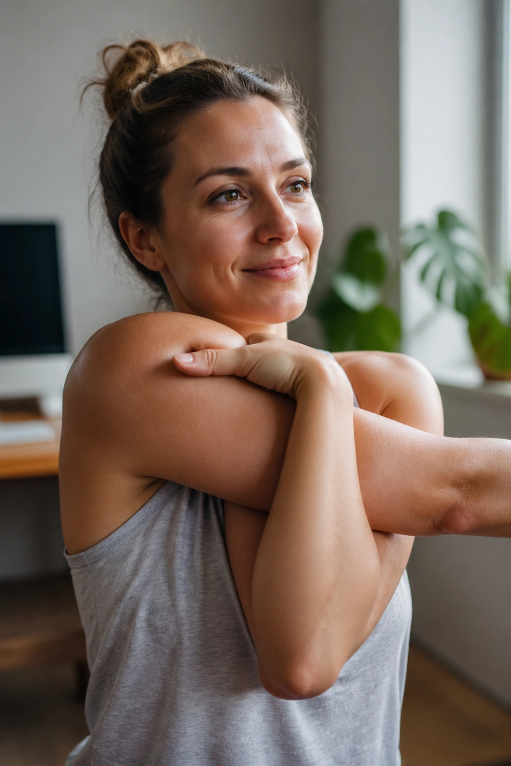 Real person in eagle arms pose showing crossed forearms and open upper back