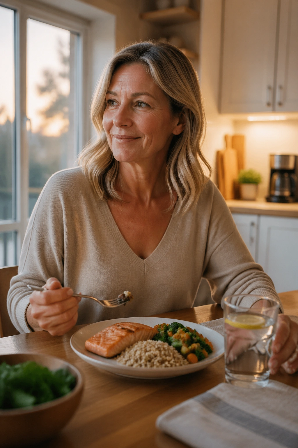 Real woman enjoying a balanced, lighter dinner at a kitchen table