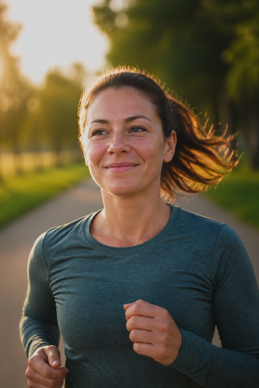 Portrait of a runner in an easy jog on a park path