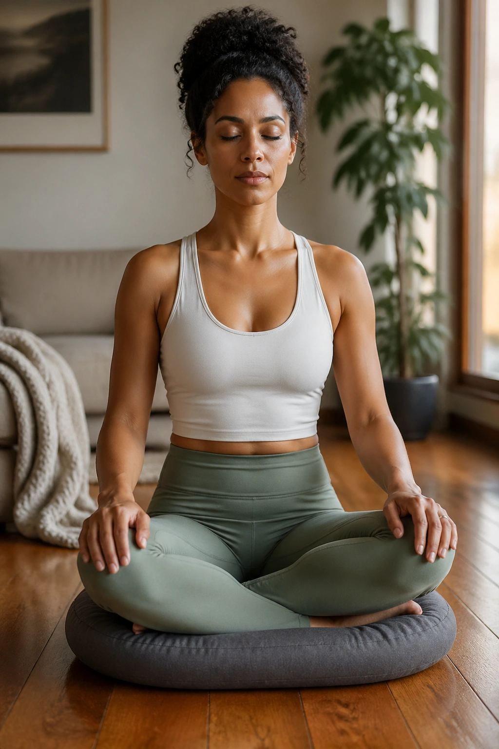 Close-up of a person seated with pelvis elevated on a cushion, practicing breath awareness in a calm living room