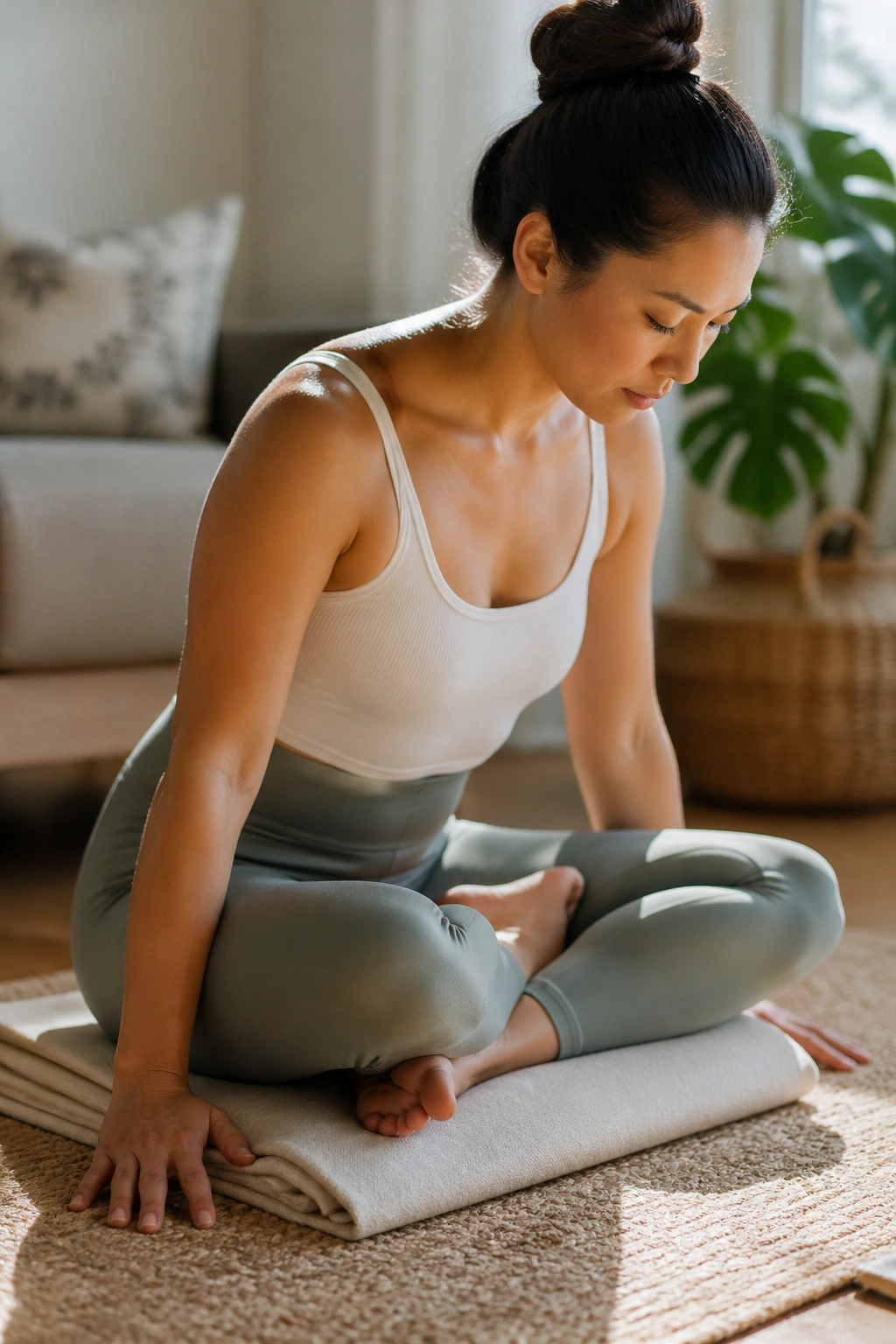 Close-up of a real person in Easy Seat With a Forward Lean, pelvis forward to open the hips
