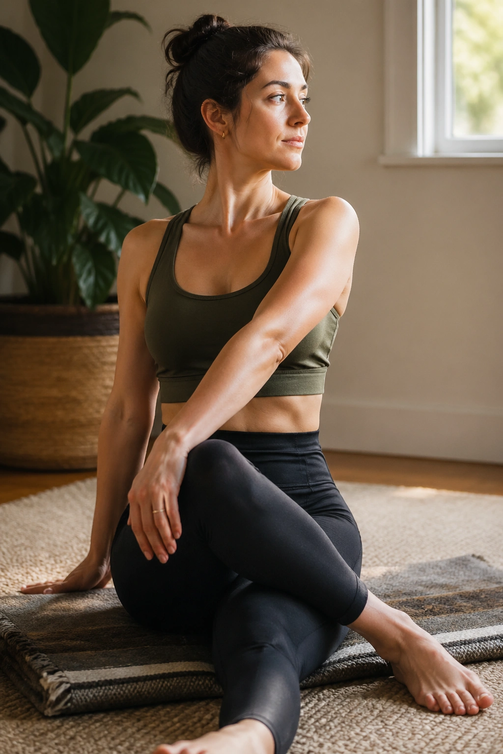Close-up of a real person in Easy Seated Twist showing lengthened spine and rib rotation in a cozy home setting