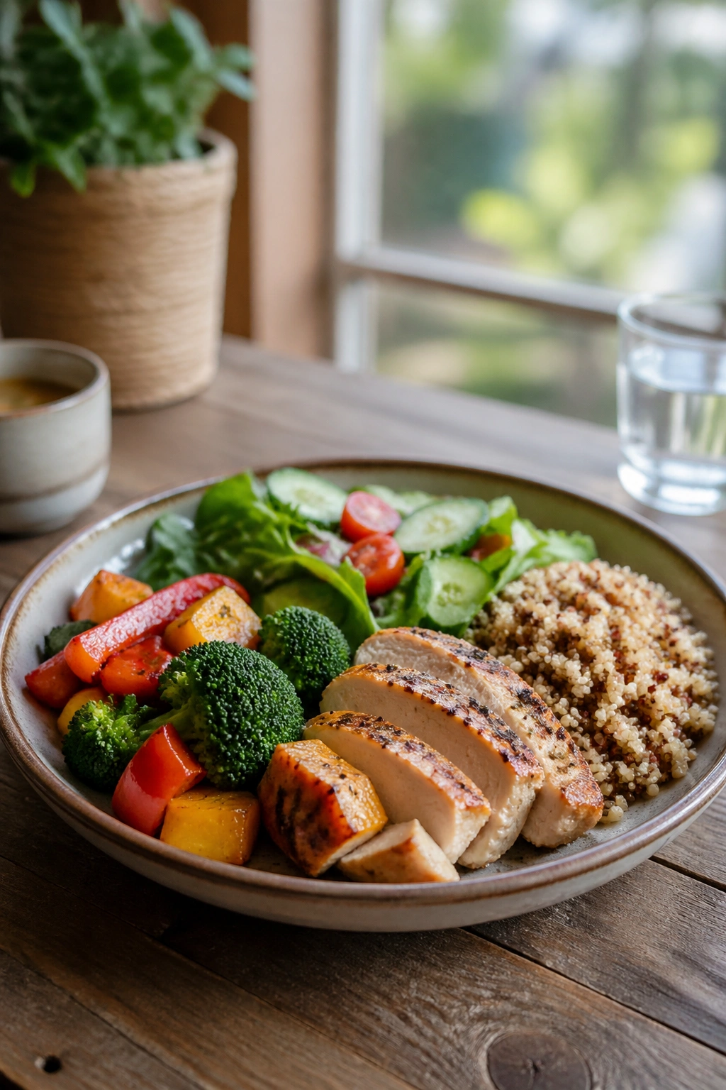 Close-up of a balanced lunch plate suggesting a gentle eating window.